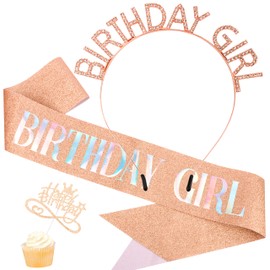 AOPRIE Birthday Girl Headbands Sash Tiara Crown for Women Girls Rhinestone Happy Birthday Accessories Favor Supllies Rose Gold Pink, 3 Pack