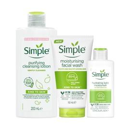Simple Kind To Skin Care Bundle Of Purifying Cleansing Lotion 200ml, Moisturising Facial Wash 150ml, and Replenishing Rich Moisturiser 125ml For Sensitive Skin