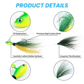Goture 5pcs Bucktail Jigs Saltwater Fishing Jigs - Walleye, Bass, Crappie, Bluefish, Snook, Rockfish, Halibut - 1/4oz, 1/2oz, 1oz, 2oz