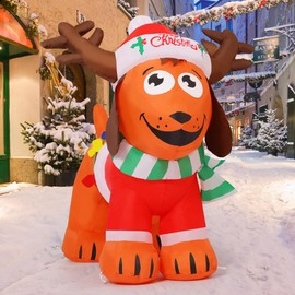 COMIN Perro inflable de Navidad de 4 pies de largo con sombrero de cuerno, LED integrados para decoración de patio inflable para fiestas de día festivo en interiores, exteriores, patio, jardín, césped