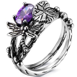 Jude Jewelers Retro Vintage Style Dragonfly Lotus Leaf Promise Statement Party Ring (Purple, 10)