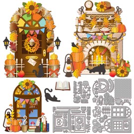 GLOBLELAND Autumn Fireplace Metal Cutting Dies Stencil Window Door Paper Embossing Cutting Dies Set Pumpkin Leaves Cutting Dies for Card Making DIY Paper Scrapbooking Handmade Photo Album