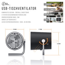 CSL - USB-Tischventilator, USB Ventilator, Mini-Ventilator mit 2 Geschwindigkeiten, 30° neigbar, energiesparend (1W), leiser Tischventilator für Büro