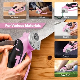 Cordless Electric Scissors - 4V Rechargeable Rotary Cutter with Safety Lock & LED Light, Heavy Duty Tool for Cardboard, Leather, Carpet, Plastic, Fabric, Crafting, Sewing & DIY, with Case (Pink)