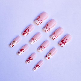 24 Pcs French Tip Press on Nails Medium Square Valentines Fake Nails Heart False Nails Red Lips Artificial Nails Glue on Nails Valentine's Day Acrylic Nails for Women Girl Nail Decoration