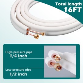 Daisypower Mini Split Line Set Kit,16ft Copper Line Pipes,1/4" & 1/2" O.D, with 3/8" PE Insulated Coil Line Set for Air Conditioner HVAC Refrigeration and Heat Pump Systems,with Installation Fittings