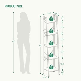 Hzuaneri Ladder Shelf, Bookshelf Bookcase, Freestanding Corner Storage Shelve with 2 Hooks for Home Office, Living Room, Kitchen, Bedroom, Industrial, 5-Tier Greige BC03205B