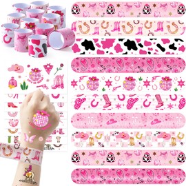 INCOK Disco Cowgirl Party Favors Decorations - 40 Pcs Hot Pink Cowgirl Slap Bracelets Wristbands and Rodeo Horse Temporary Tattoos Stickers for Western Themed Birthday Party Supplies Stuffers Gifts