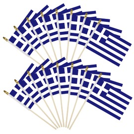 16 Pack Small Greece Flags on Stick - Mini Greek Grecian Flags with Kid-Safe Spear Top - 5x8 Inch Wooden pole Hand Held Stick Flags for Patriotic Decorations Parades Parties National Flags
