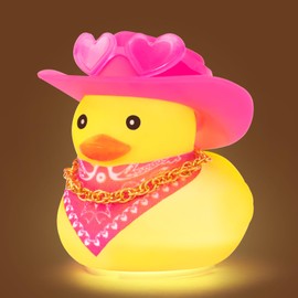 wonuu Cute Yellow Rubber Duck with Light Glowing Rubber Ducks with Pink Heart-Shaped Sunglasses Bandana Gold Chain Cowboy Hat, Solid Pink