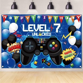 7th Video Game Backdrop, 7th Birthday Decorations for Boy Level Up 7th Video Game Birthday Decorations Gaming Background Photo Props Blue Birthday Party Supplies for Boys Birthday, 180x120 cm