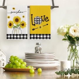 Artoid Mode Buffalo Plaid Yellow Hello Sunshine Sunflowers Love Summer Kitchen Towels Dish Towels, 18x26 Inch Farmhouse Decoration Hand Towels Set of 4