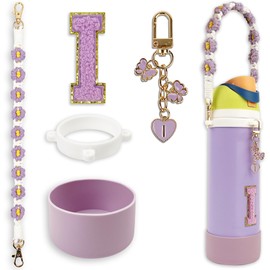 Silicone Boot Cute Monogram Set Compatible with Owala Water Bottle 24 oz - Perfect Letter Owala Accessories for Owala Tumbler, Owala Free Sip, Pink Owala, Black Owala, owala coffee tumbler (Purple, I)