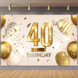 NC Happy 40th Birthday Backdrop Banner 40 Years Old Bday Background Decorations for Women Men Her Him Photography Party Supplies Glitter White Gold (1)