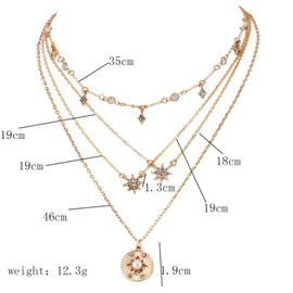 DoubleNine Multilayer Necklace Sun Star Golden Crescent Pendant Gold Medal Sequins Women Crystal Necklace Layered Delicate Collar
