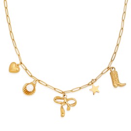 Frigotine Gold Bow Heart Charm Pendent Necklace for Woman, Trendy Cowboy Boot Shell Star Dangle Charms Adjustable Paperclip Chain Necklaces Prom Party Fashion Jewelry Birthday Gift