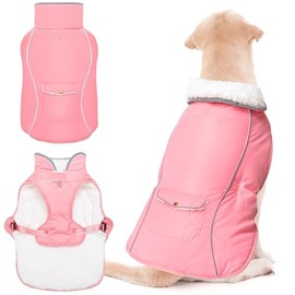 Abrigo de invierno para perros - Ropa cálida para perros para lluvia, nieve, viento y frío - Chaleco reflectante rosa ajustable, impermeable y cortavientos con orificio para correa para perro