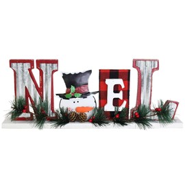 Wooden Rustic Noel Cutout Tabletop Letters Decor Standing Snowman Sign Merry Christmas Decorations Wood Word Block Signs Winter Christmas Mantel Centerpieces Decor