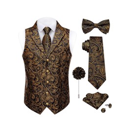 DiBanGu Silk Paisley Vest for Men Wedding Waistcoat and Necktie Bowtie Lapel Pin Set 7PCS Dress Vests for Suit or Tuxedo, Black and Gold, X-Large