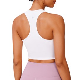 PINSPARK Women's Sports Bra without Underwire Racerback Push Up Sports Bustier with Removable Padded Breathable Jogging Yoga Fitness Bra Seamless Crop Tank Tops, White