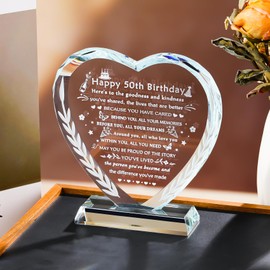 YWHL 50th Birthday Gifts for Her Him, Laser Engraving Crystal Heart Happy 50th Birthday Plaque Decorations, 50 Year Old Gifts for Women Men Mom Dad Wife Friends Sisters