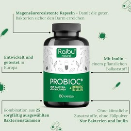 Probioc Kulturen Complex – 25 Bacteria Strains + Inulin – 300 Billion CFU/g – 180 High Dose & Enteric Juice-Resistant Capsules – with Lactobacillus & Bifidobacteria Raibu