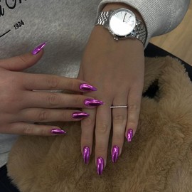 Purple Chrome Press on Nails Medium Almond, SXVME Chrome Fake Nails Plating Mirror Metal Glue on Nails, Acrylic Nails Metallic Nails Press ons, False Nails Medium Stiletto Nails in 24PCS
