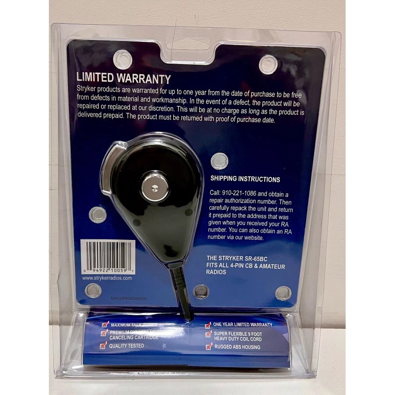 Stryker SR-65BC Noise Cancelling 4-Pin CB 10 Meter Black &