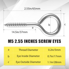 Otoolling 50 Pcs 304 Stainless Steel Screw Eye Hooks, Heavy Duty Eye Bolt with 200lb Load Bearing, Rust Resistant Self Tapping Hooks for Securing Cables/Wire on Wood Indoor Outdoor (M5-2.6 Inch)