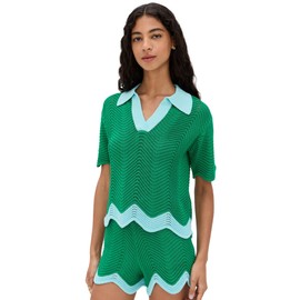 English Factory Women's Scallop Short Sleeve Knit Polo, Green/Light Blue, XS