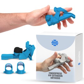 FingerPress PIP Extension Orthosis Made in USA by OrthoPress | Finger Straightener Splint For Bent Fingers, Flexion Contractures | Adjustable Joint Stretcher Device | Large/Blue