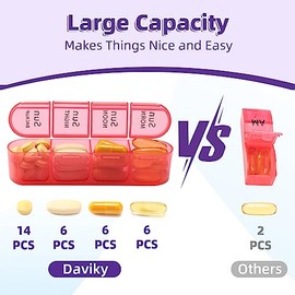 Daviky Pastillero Semanal Para 4 Tomas Al Día, Pastillero Grande De 7 Días, Portátil Para Viajes, Caja Organizadora De Medicamentos Con Pastilleros Individuales Extraíbles Para Guardar Vitaminas, Supl
