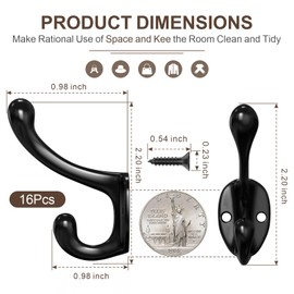 ZBDPOVT Coat Hooks, 16 Pack Black Metal Heavy Duty Screw-in Wall Hooks for Closet, Backpack, Bag, Clothes - Mounted Door Hooks for Classroom, Cubby Organization