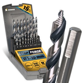 AMBOSS WERKZEUGE® Spiral Drill Bit 19-Piece Set Diameter 1-10 mm HSS-G DIN 338 for Steel, Mild Steel, Aluminium, Non-ferrous Metals AMBOSS WERKZEUGE® Drill Sheets, Profiles - Hexagonal for Drill,