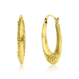 14K Yellow Gold 2x16mm Polished Textured Greek Key Design Hoop Earrings