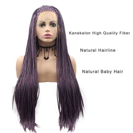 Micro Braided Box Braids Wig with Baby Hair Purple Long Braiding Hair Realistic Hand Braid Lace Front Wigs for Black Women Pre Plucked Braids Synthetic Replacement Hair Real Lace Wig