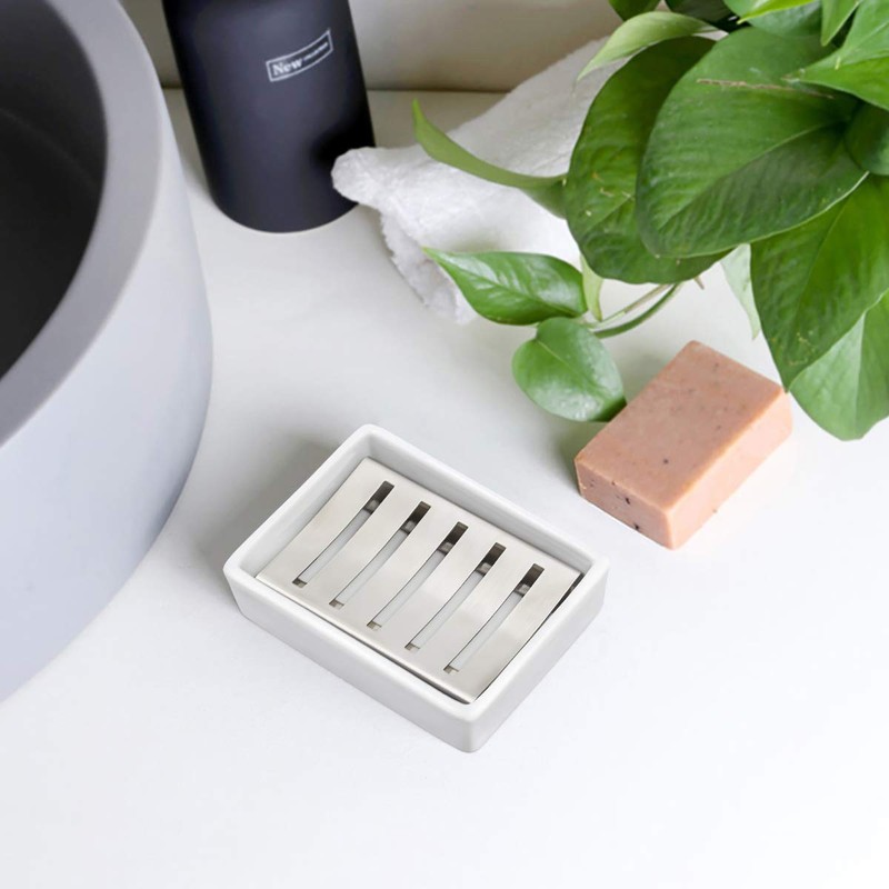 TOPSKY Ceramic Soap Dish Holder Stainless Steel for Bathroom, Double