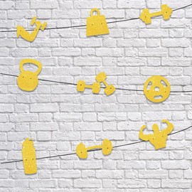Y 9pcs Gold Glitter Silhouette Fitness Equipment Banner for Weight lifting Lover's Athlete Body Builder Sport Gym Theme Party Background Decorations Men Boys Birthday Party Decor Supplies