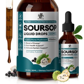 Soursop Graviola Liquid Drop with Elderberry & Lion Mane Mushroom, Soursop Bitter Liquid for Immune, Gut, Antioxidants, Cell & Energy Support, Sugar-Free, 3X Power Herbal, Natural Flavor, 1 Fl Oz