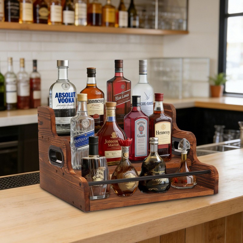 Fengligoo 3-Tier Wood Bottle Display Shelf, Modern Liquor Bottle Rack