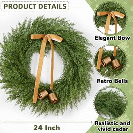 Waipfaru 24 Inch Christmas Wreath, Cedar Wreath Artificial Realistic with Bow and Bell, Large Christmas Pine Wreaths for Front Door, Windows, Outdoor, Indoor, Wall, Christmas Decorations (1Pcs)
