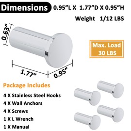 SAYAYO Bath Towel Hooks, 4 Pack Wall Hooks Coat Hooks for Hanging, Bathroom Hooks, Heavy Duty Hooks Robe Hook Holder for Bathroom Bedroom Kitchen Garage Hotel, Stainless Rustproof Chrome, GOY001Y-C-4P