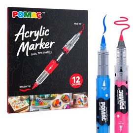 POMAC Rotuladores de Pintura Acrílica de Doble Punta Colores Surtidos, Marcador Acrílico Líquido Directo con Pincel y Punta Fina, Marcador de Pintura (12)