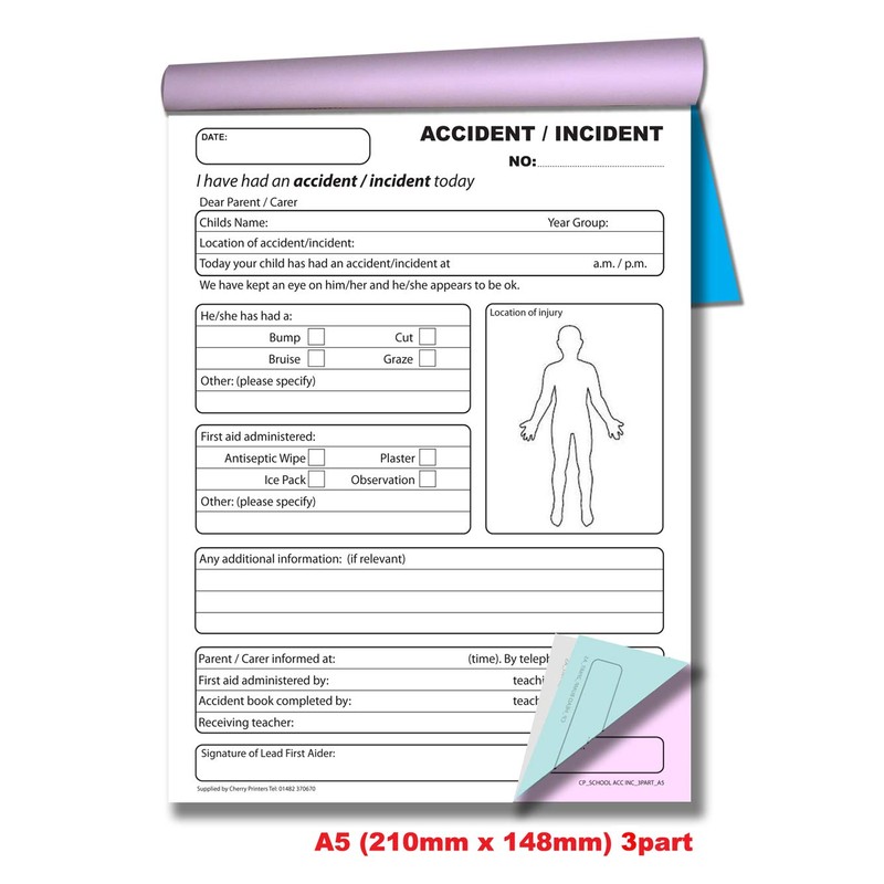 Cherry Carbonless NCR School Accident/Incident Triplicate Book A5 50 Sets