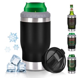 Enfriador de bebidas de 4 en 1, Porta caguama de 14 onzas con destapador, Termo para cerveza con dos tapas, Porta cerveza de acero inoxidable 304, Para lata estándar, botella de cerveza, Negro
