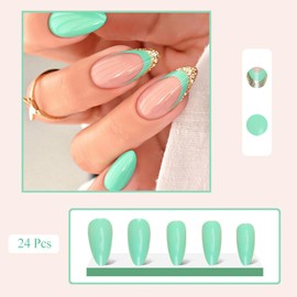 Cute Press on Nails Almond Medium Fake Nails with Green Glittering Gold Trim Designs Summer French Tip Acrylic Nails, 12 Sizes 24 Pcs, Glossy Nude Stick Full Cover False Nail with Nail Glue for Women BKS1794
