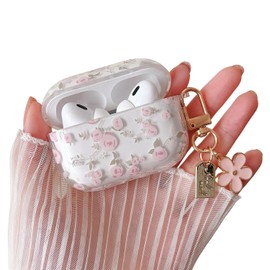 MINSCOSE Compatible with AirPods Pro/Pro2 Clear Case,Cute Flower Pattern Design with Floral Keychain, Soft TPU Protective Shockproof Cover for AirPods Pro/Pro2 Generation for Women Girls-Pink Rose