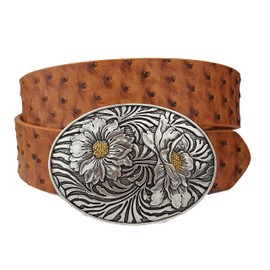 Axesoria Western Oval Buckle with Ostrich Print belt in Brown M/L