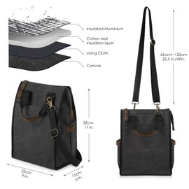 SMRITI Insulated Canvas Lunch Bag for Women/Men-9.6 L Reusable Leakproof Lunch Tote Bag for Work Picnic Beach - Fashion Lunchbox for Adults with Shoulder Strap(Dark Grey)