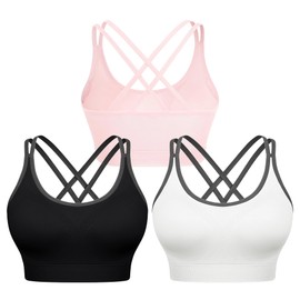 VEQKING Strappy Sports Bras for Women Cross Back Padded Yoga Multipack - Wire-Free Medium Support with Removable Pads, Seamless & Moisture-Wicking 3-Pack